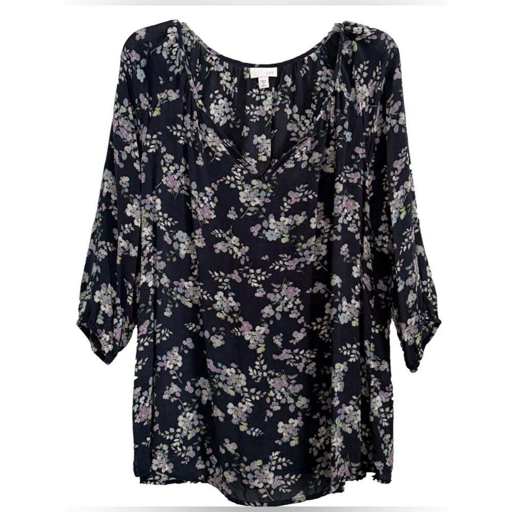 J. Jill Floral V-Neck Tunic Blouse 1X Navy Blue Semi Sheer Boho Peasant Top